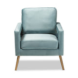 Baxton Studio Leland Glam and Luxe Light Blue Velvet Fabric Upholstered and Gold Finished Armchair 