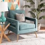 Baxton Studio Leland Glam and Luxe Light Blue Velvet Fabric Upholstered and Gold Finished Armchair 