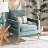 Baxton Studio Leland Glam and Luxe Light Blue Velvet Fabric Upholstered and Gold Finished Armchair 