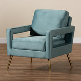 Baxton Studio Leland Glam and Luxe Light Blue Velvet Fabric Upholstered and Gold Finished Armchair 