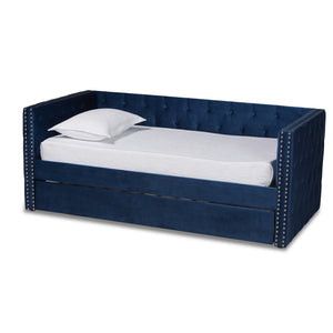 Larkin Modern and Contemporary Navy Blue Velvet Fabric Upholstered Twin Size Daybed with Trundle