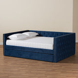 Larkin Modern and Contemporary Navy Blue Velvet Fabric Upholstered Queen Size Daybed with Trundle