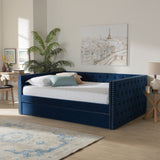 Larkin Modern and Contemporary Navy Blue Velvet Fabric Upholstered Queen Size Daybed with Trundle