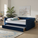 Larkin Modern and Contemporary Navy Blue Velvet Fabric Upholstered Queen Size Daybed with Trundle