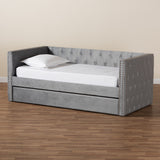 Larkin Modern and Contemporary Grey Velvet Fabric Upholstered Twin Size Daybed with Trundle