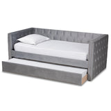 Larkin Modern and Contemporary Grey Velvet Fabric Upholstered Twin Size Daybed with Trundle