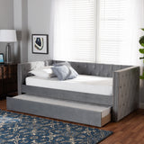 Larkin Modern and Contemporary Grey Velvet Fabric Upholstered Twin Size Daybed with Trundle