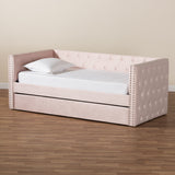 Larkin Modern and Contemporary Pink Velvet Fabric Upholstered Twin Size Daybed with Trundle