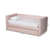 Larkin Modern and Contemporary Pink Velvet Fabric Upholstered Twin Size Daybed with Trundle