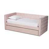 Larkin Modern and Contemporary Pink Velvet Fabric Upholstered Twin Size Daybed with Trundle