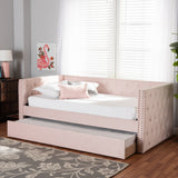 Larkin Modern and Contemporary Pink Velvet Fabric Upholstered Twin Size Daybed with Trundle