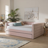 Larkin Modern and Contemporary Pink Velvet Fabric Upholstered Queen Size Daybed with Trundle