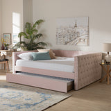 Larkin Modern and Contemporary Pink Velvet Fabric Upholstered Queen Size Daybed with Trundle