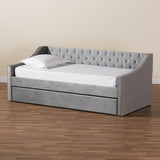 Raphael Modern and Contemporary Grey Velvet Fabric Upholstered Twin Size Daybed with Trundle