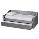 Raphael Modern and Contemporary Grey Velvet Fabric Upholstered Twin Size Daybed with Trundle