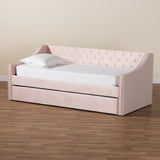 Raphael Modern and Contemporary Pink Velvet Fabric Upholstered Twin Size Daybed with Trundle