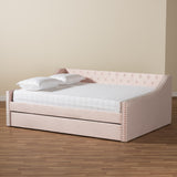 Raphael Modern and Contemporary Pink Velvet Fabric Upholstered Queen Size Daybed with Trundle