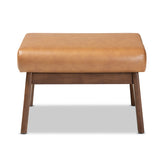Bianca Mid-Century Modern Walnut Brown Finished Wood and Tan Faux Leather Effect Ottoman