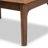 Bianca Mid-Century Modern Walnut Brown Finished Wood and Tan Faux Leather Effect Ottoman