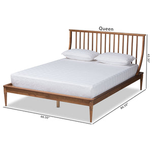 Abel Walnut Brown Queen Size Platform Bed with Spindle Headboard & Elegant Turned Legs - Stylish Design