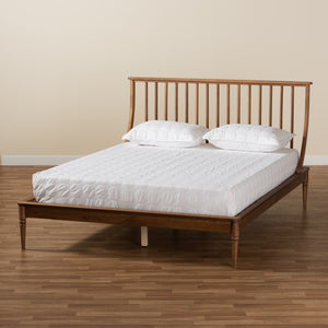 Abel Walnut Brown Queen Size Platform Bed with Spindle Headboard & Elegant Turned Legs - Stylish Design