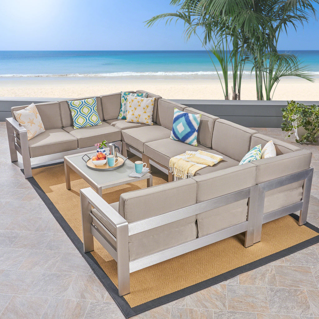 Cape Coral Outdoor 9-Seater Aluminum Sectional Sofa Set with Coffee Table, Silver and Khaki Noble House