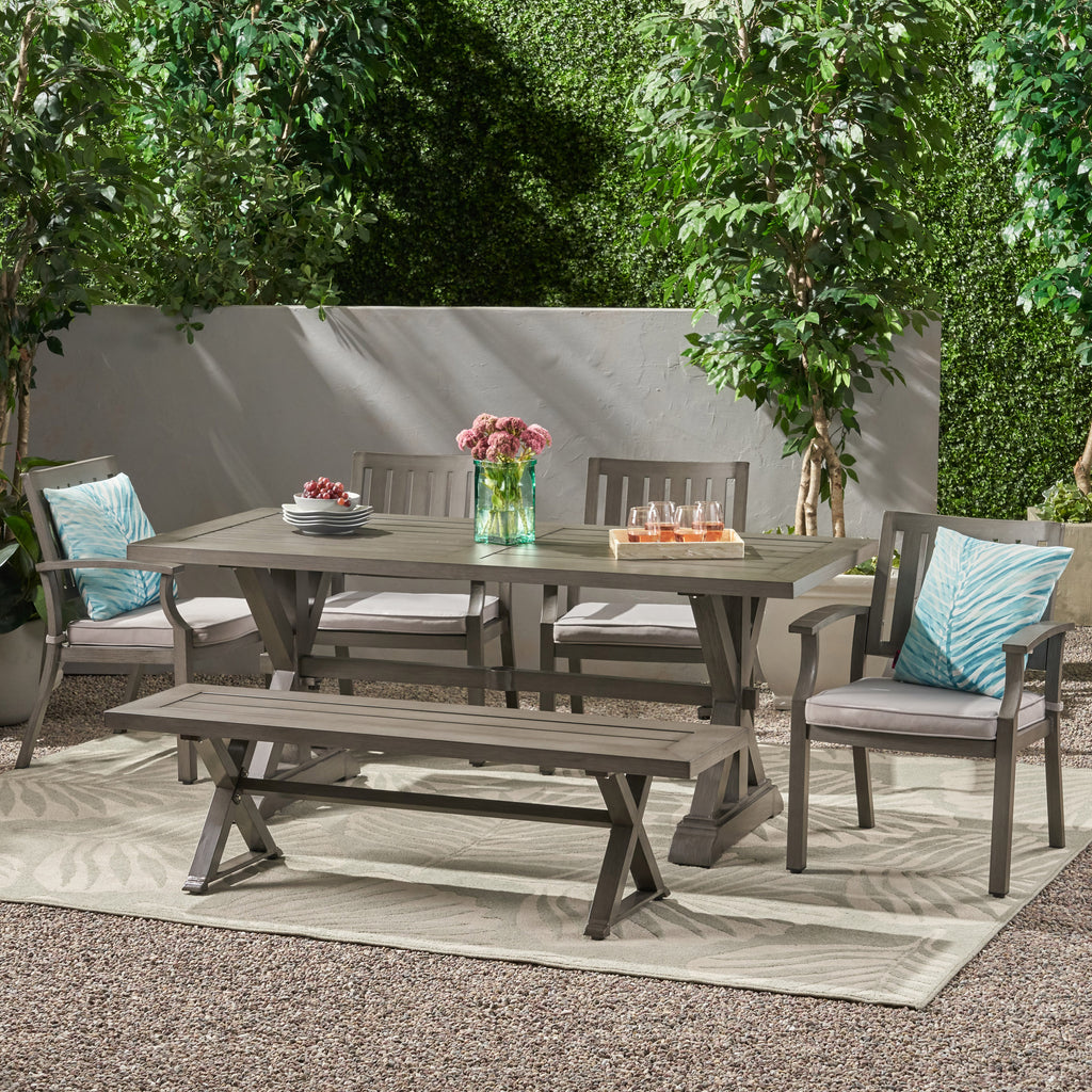 Noble House Lombok Outdoor Modern 6 Seater Aluminum Dining Set with Dining Bench, Dark Gray and Silver