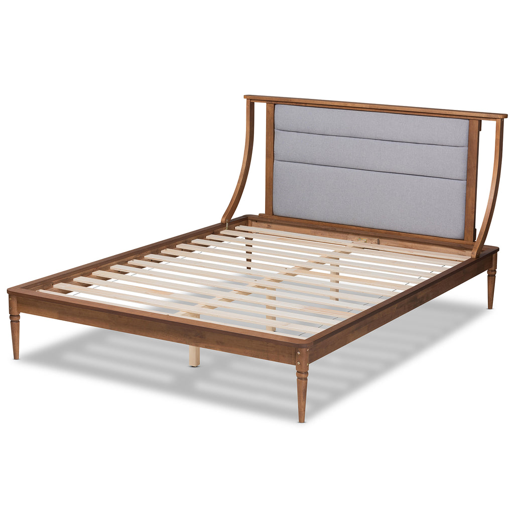 Regis Modern and Contemporary Transitional Light Grey Fabric Upholstered and Walnut Brown Finished Wood Full Size Platform Bed