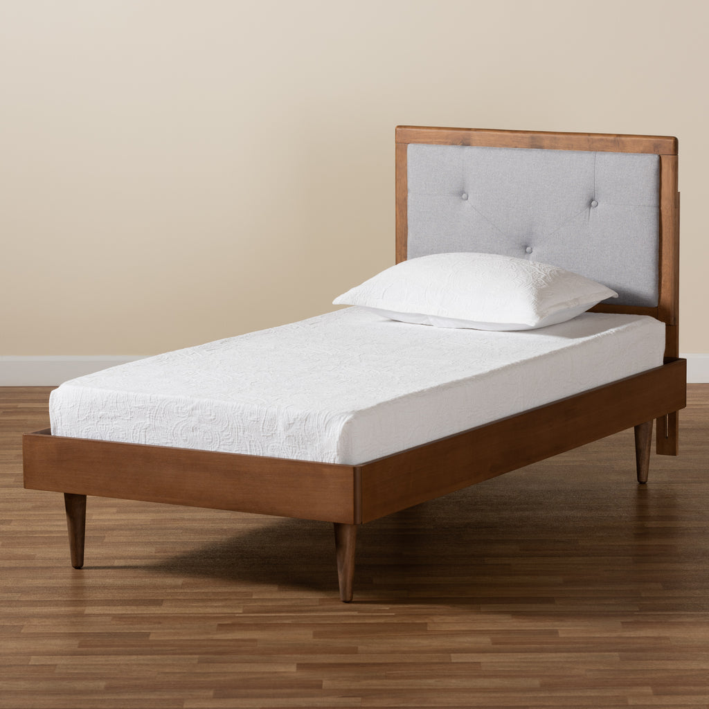 Saul Mid-Century Modern Grey Fabric Upholstered and Walnut Brown Finished Wood Twin Size Platform Bed