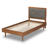 Saul Mid-Century Modern Grey Fabric Upholstered and Walnut Brown Finished Wood Twin Size Platform Bed