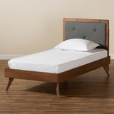 Laima Mid-Century Modern Grey Fabric Upholstered and Walnut Brown Finished Wood Twin Size Platform Bed