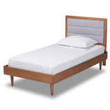 Seren Mid-Century Modern Grey Fabric Upholstered and Walnut Brown Finished Wood Twin Size Platform Bed