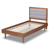 Seren Mid-Century Modern Grey Fabric Upholstered and Walnut Brown Finished Wood Twin Size Platform Bed