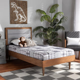 Seren Mid-Century Modern Grey Fabric Upholstered and Walnut Brown Finished Wood Twin Size Platform Bed