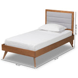 Linn Mid-Century Modern Grey Fabric Upholstered and Walnut Brown Finished Wood Twin Size Platform Bed