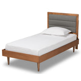 Seren Mid-Century Modern Grey Fabric Upholstered and Walnut Brown Finished Wood Twin Size Platform Bed