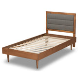 Seren Mid-Century Modern Grey Fabric Upholstered and Walnut Brown Finished Wood Twin Size Platform Bed