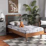 Seren Mid-Century Modern Grey Fabric Upholstered and Walnut Brown Finished Wood Twin Size Platform Bed