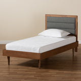 Seren Mid-Century Modern Grey Fabric Upholstered and Walnut Brown Finished Wood Twin Size Platform Bed