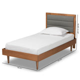 Seren Mid-Century Modern Grey Fabric Upholstered and Walnut Brown Finished Wood Twin Size Platform Bed