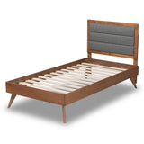 Linn Mid-Century Modern Grey Fabric Upholstered and Walnut Brown Finished Wood Twin Size Platform Bed
