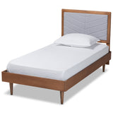 Tasha Mid-Century Modern Fabric Upholstered and Walnut brown Finished Wood Twin Size Platform Bed