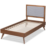 Roze Mid-Century Modern Fabric Upholstered and Walnut brown Finished Wood Twin Size Platform Bed
