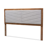 Iden Modern and Contemporary Light Grey Fabric Upholstered and Walnut Brown Finished Wood King Size Headboard