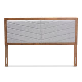 Iden Modern and Contemporary Light Grey Fabric Upholstered and Walnut Brown Finished Wood Queen Size Headboard