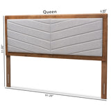 Iden Modern and Contemporary Light Grey Fabric Upholstered and Walnut Brown Finished Wood Queen Size Headboard