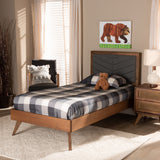 Roze Mid-Century Modern Fabric Upholstered and Walnut brown Finished Wood Twin Size Platform Bed