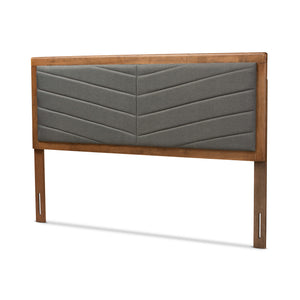 Iden Modern and Contemporary Dark Grey Fabric Upholstered and Walnut Brown Finished Wood King Size Headboard