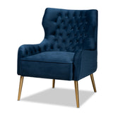 Baxton Studio Nelson Modern Luxe and Glam Navy Blue Velvet Fabric Upholstered and Gold Finished Metal Armchair 