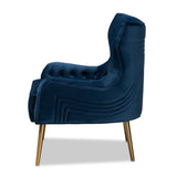 Baxton Studio Nelson Modern Luxe and Glam Navy Blue Velvet Fabric Upholstered and Gold Finished Metal Armchair 